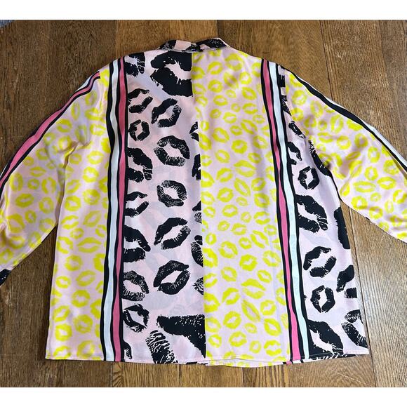 Luisa Cerano 100% Silk Blouse Yellow Pink Stripe Black Lip Design Sz 14 Mob Wife - Picture 9 of 11